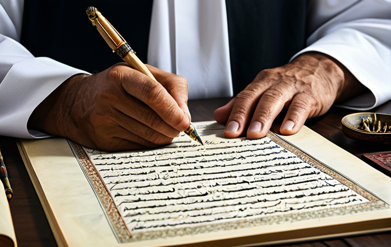 **

"An Arabic calligrapher, fully clothed in traditional attire, carefully writing with a reed pen on parchment, surrounded by ancient texts and calligraphy tools, safe for work, appropriate content, perfect anatomy, correct proportions, professional, modest, family-friendly, well-formed hands, proper finger count, natural pose, high quality."

**