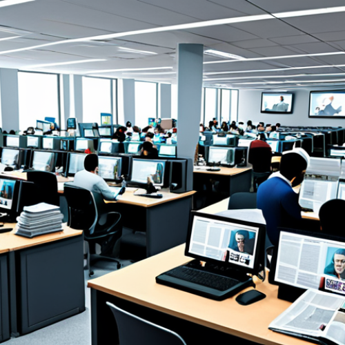 "A busy newsroom scene, reporters at desks with computers, Arabic newspapers scattered around, fully clothed, appropriate content, safe for work, perfect anatomy, natural proportions, professional environment, modest."