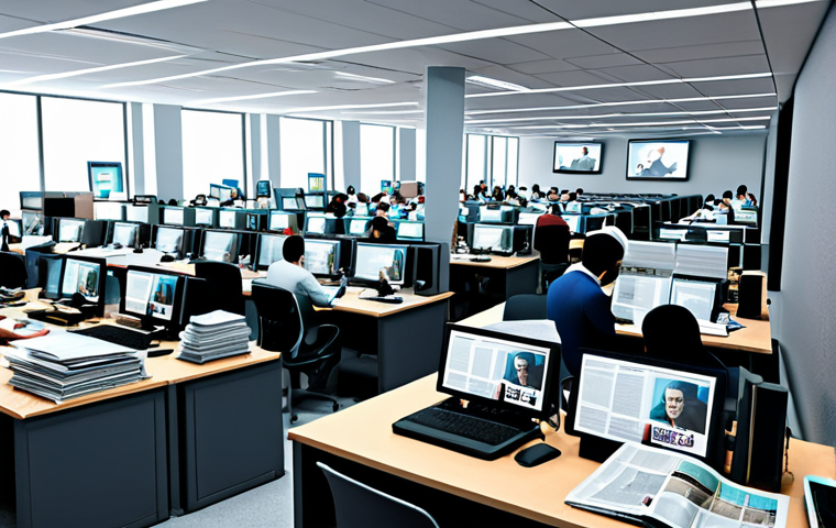 "A busy newsroom scene, reporters at desks with computers, Arabic newspapers scattered around, fully clothed, appropriate content, safe for work, perfect anatomy, natural proportions, professional environment, modest."