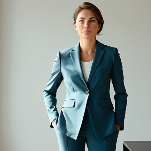 아랍어와 페르시아어 차이 - **Prompt:** A professional businesswoman in a tailored, modest pantsuit, standing confidently in a m...